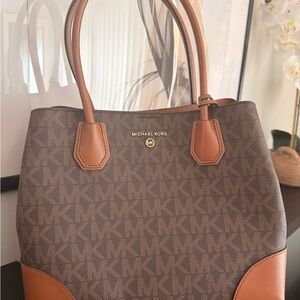 Michael Kors Brown MK Signature Tote with Tan Leather Accents